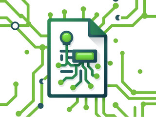 a simple flat 2d icon representing 'smart contracts', with a simple contract document icon that has a glowing, interconnected circuit pattern overlaid on it, minimalist design