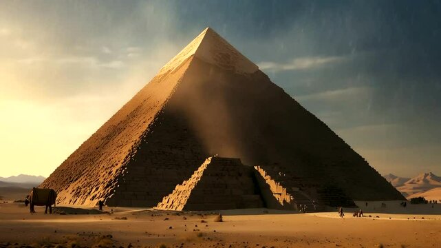 view of the pyramids in the middle of the desert at sunset