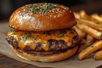 Cheeseburger with fries.