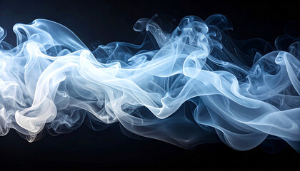 Fototapeta premium A smooth white and blue smoke wave on black creates an artful, flowing pattern