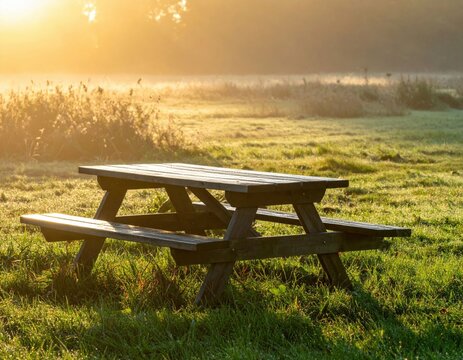 Wooden Picnic Table In Sunrise Meadow - Powered by Adobe