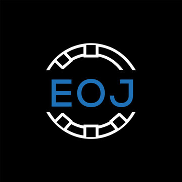 EOJ Modern Tech Logo, Design &ndash; EOJ Later Logo,  Futuristic Blue and White Circular Emblem on Black Background.
