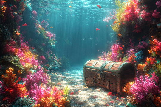 Underwater chest surrounded by vibrant corals and reefs.