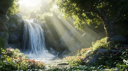 Sunlight streams through a lush forest glade, illuminating a tranquil waterfall cascading down rocky terrain