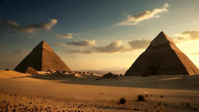 view of the pyramids in the middle of the desert at sunset