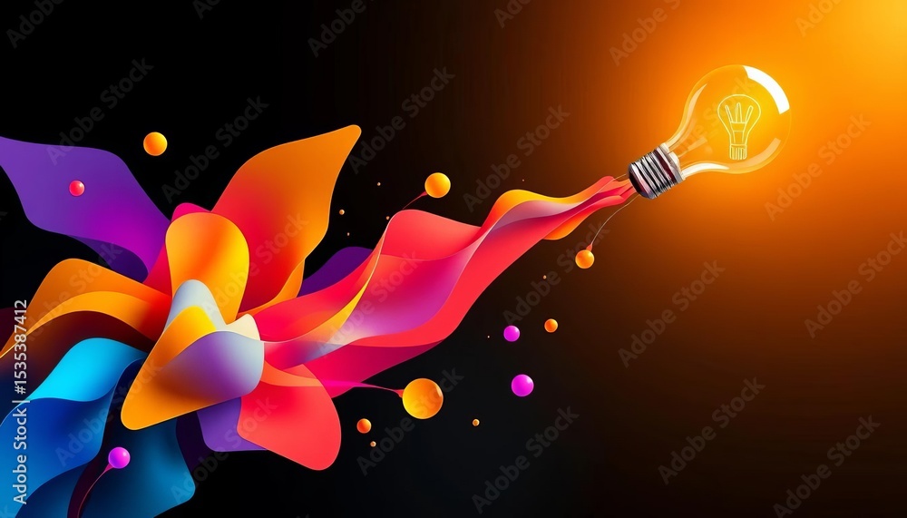 Poster brightly colored abstract shapes representing money flowing into a lightbulb symbolizing an idea, vi