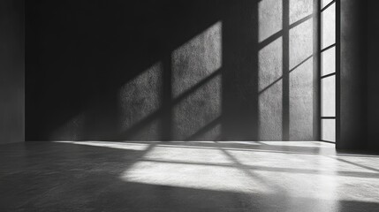Interior space with large window and concrete floor.