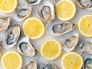 Oysters with lemon slices top view background.