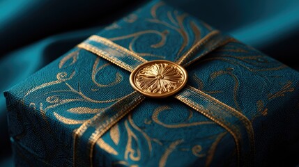 Teal gift box with gold ribbon and embellishment.