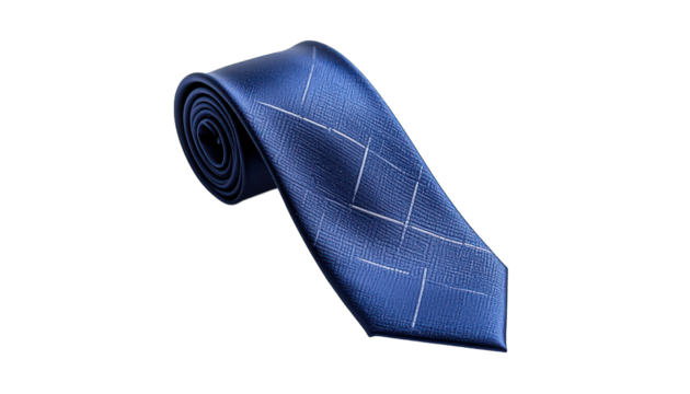 Rolled up blue tie with geometric pattern on transparent background