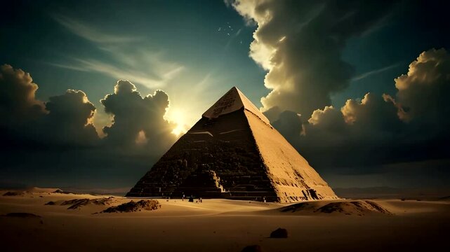 view of the pyramids in the middle of the desert at sunset