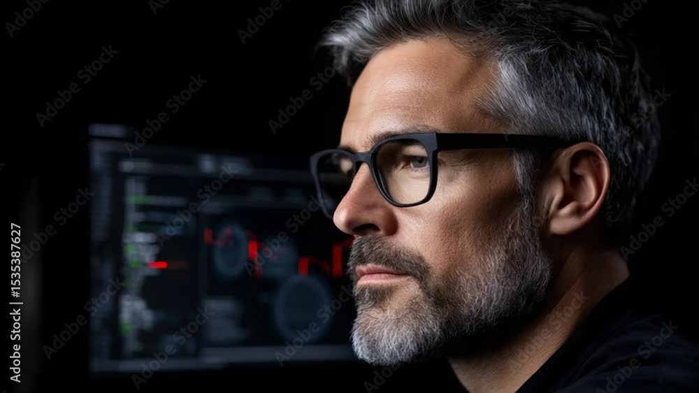 Poster focused male professional with glasses analyzing data on a computer screen in a dark environment