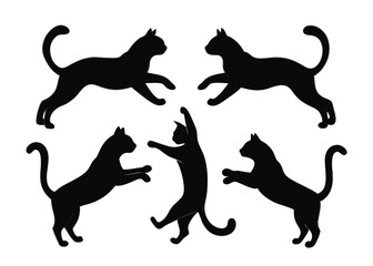 Black cat silhouettes in various poses against a white background illustrating feline movement