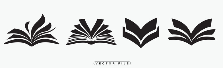 Four stylized black and white open book icons representing knowledge learning and education in vector format