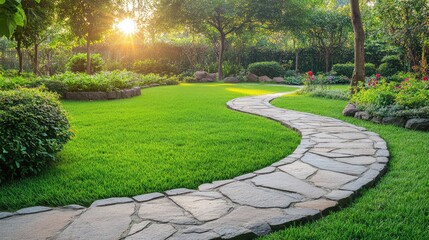 Obraz premium Serene Garden Pathway Surrounded by Lush Greenery and Flowers, Illuminated by Soft Sunlight during Golden Hour, Inviting Tranquility and Peacefulness in Nature