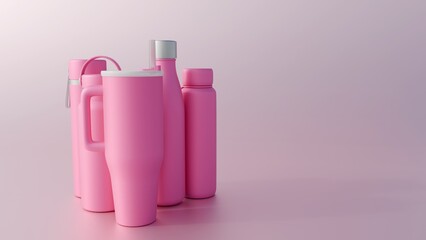 A 3d rendering of a collection various drinkware items or tumblr, all rendered in a monochromatic pink palette, an aesthetic theme.