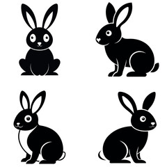 Illustration Four Black Rabbit Silhouettes Sitting in Different Positions on a White Background