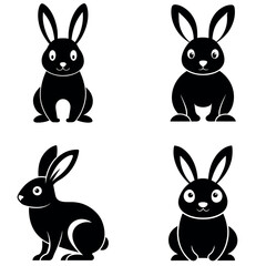 Black and White Rabbit Illustrations Depicting Four Unique Cartoon Hare Silhouettes on White