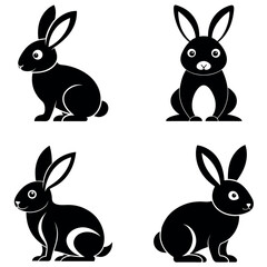 Four Black Rabbit Icons, Different Styles, Simple Design, on a White Background Illustration