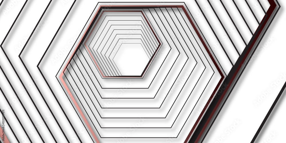 Poster 3d render of a modern business card with rose gold and white stripes. abstract hexagonal tunnel vect