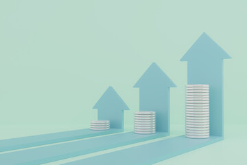 abstract city background. A minimal 3D render of silver coins stacked along three upward pastel blue arrows on a mint background. This concept visualizes investment growth, income progress, or busines