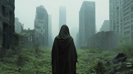 Post-apocalyptic world: A solitary figure amidst ruins and overgrown nature reclaiming the city