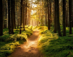 Obraz premium Serene forest path illuminated by golden sunlight, surrounded by lush greenery and tall trees, invites exploration and tranquility