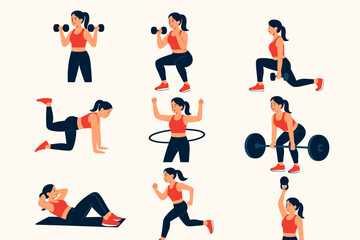 Effective Fitness Routine Illustrations Strength Training, Cardio & Core Exercises