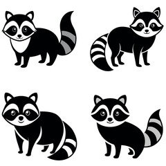 Four Black and White Cartoon Raccoon Illustrations with Striped Tails on White Background