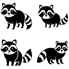 Four Cute Black and White Cartoon Raccoons in Various Poses on White Background