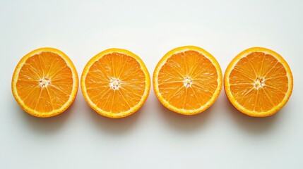 Four orange halves cut side up are lined in a row on a plain white surface casting soft shadows beneath