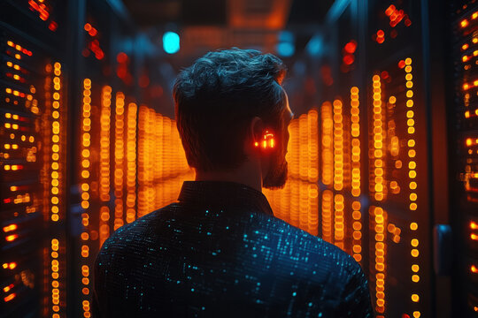Man in server room inspecting servers. - Powered by Adobe