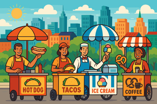 Vibrant City Street Food Scene Hot Dogs, Tacos, Ice Cream, and Coffee