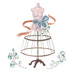 Vintage dressmaker mannequin with eucalyptus branches, red ribbon, and blue bow. Watercolor illustration of female dummy. For sewing blogs, master classes, for designing sewing products, haberdashery.