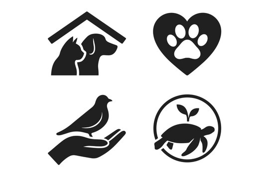Simple Animal Shelter Icons Cat, Dog, Bird, Turtle Symbols for Adoption, Care, and Rescue