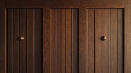 Obraz premium Rustic wooden cabinet with vertical paneling and classic round knobs, showcasing a warm and inviting aesthetic for home decor inspirations and interior designs.