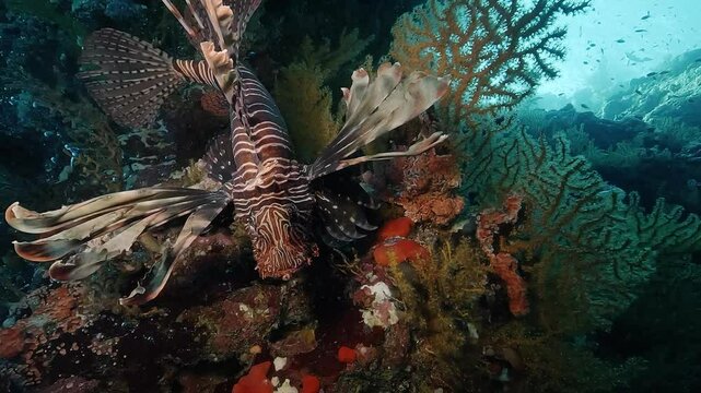 Lionfish (Pterois volitans), a venomous and invasive species, swimming close to coral and gorgonian fans. No natural predators. Check my portfolio for more lionfish footage.