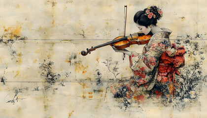Geisha plays violin in a floral kimono, set against a muted, watercolor-style background with artistic embellishments