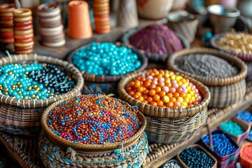 Fototapeta premium Assorted craft beads displayed in baskets high resolution picture
