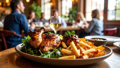 Roasted chicken and fries on a table with people dining
