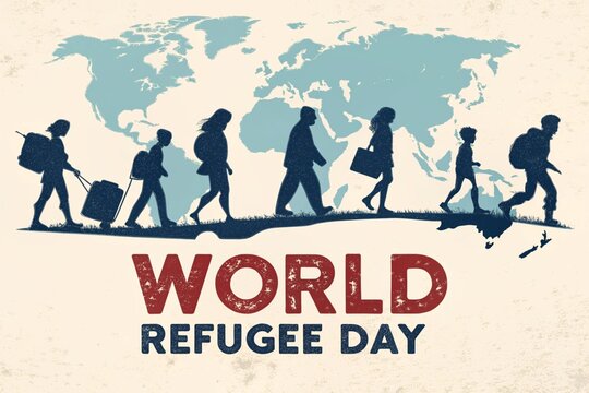 World refugee day silhouette people migrating across world map - Powered by Adobe