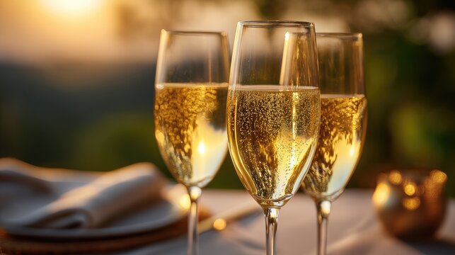 Three glasses of sparkling wine on a table at sunset.