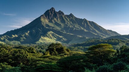  Majestic Mountain: An awe-inspiring mountain landscape, with a towering peak emerging from a lush green forest, bathed in the soft glow of morning light.
