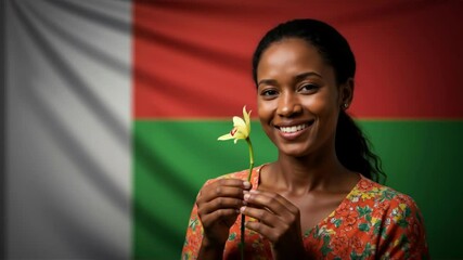 Smiling Malagasy woman holding a yellow flower against Madagascar flag. Independence Day in Madagascar