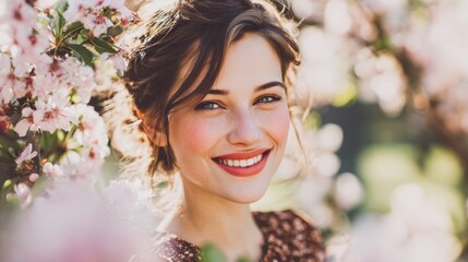Fototapeta premium Radiant Spring Beauty: A captivating portrait of a woman, her face illuminated by the soft, natural light filtering through a backdrop of blossoming flowers, a vision of serene elegance.