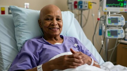 Smiling senior black female cancer patient in purple gown giving thumbs up. Elderly African American bald woman in hospital bed. Cancer Survivors, Cancer Awareness day. Palliative care, hospice