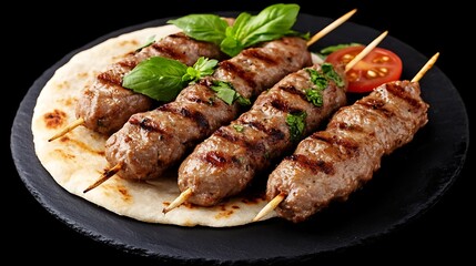 Grilled lamb kebab skewers on flatbread with basil and tomato on a dark background
