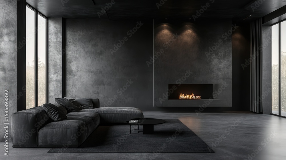 Poster high-end concrete structures form the base of this dark, empty room, emphasizing minimalist design e