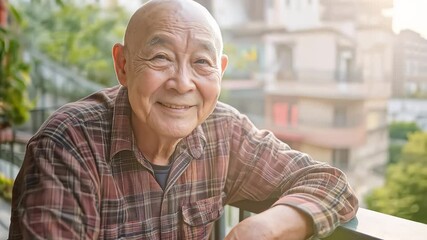 Happy Elderly Man Smiling on Balcony