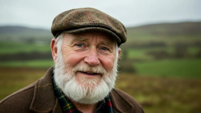 Smiling elderly Scottish man with white beard and tweed cap speaking outdoors. Portrait of a cheerful senior in countryside. Close up of Scottish pensioner talking. Grandpa telling a story.